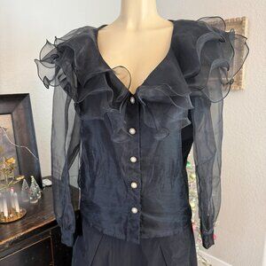 Positively ELLYN vintage party blouse: deep v-neckline button front sheer sleeve